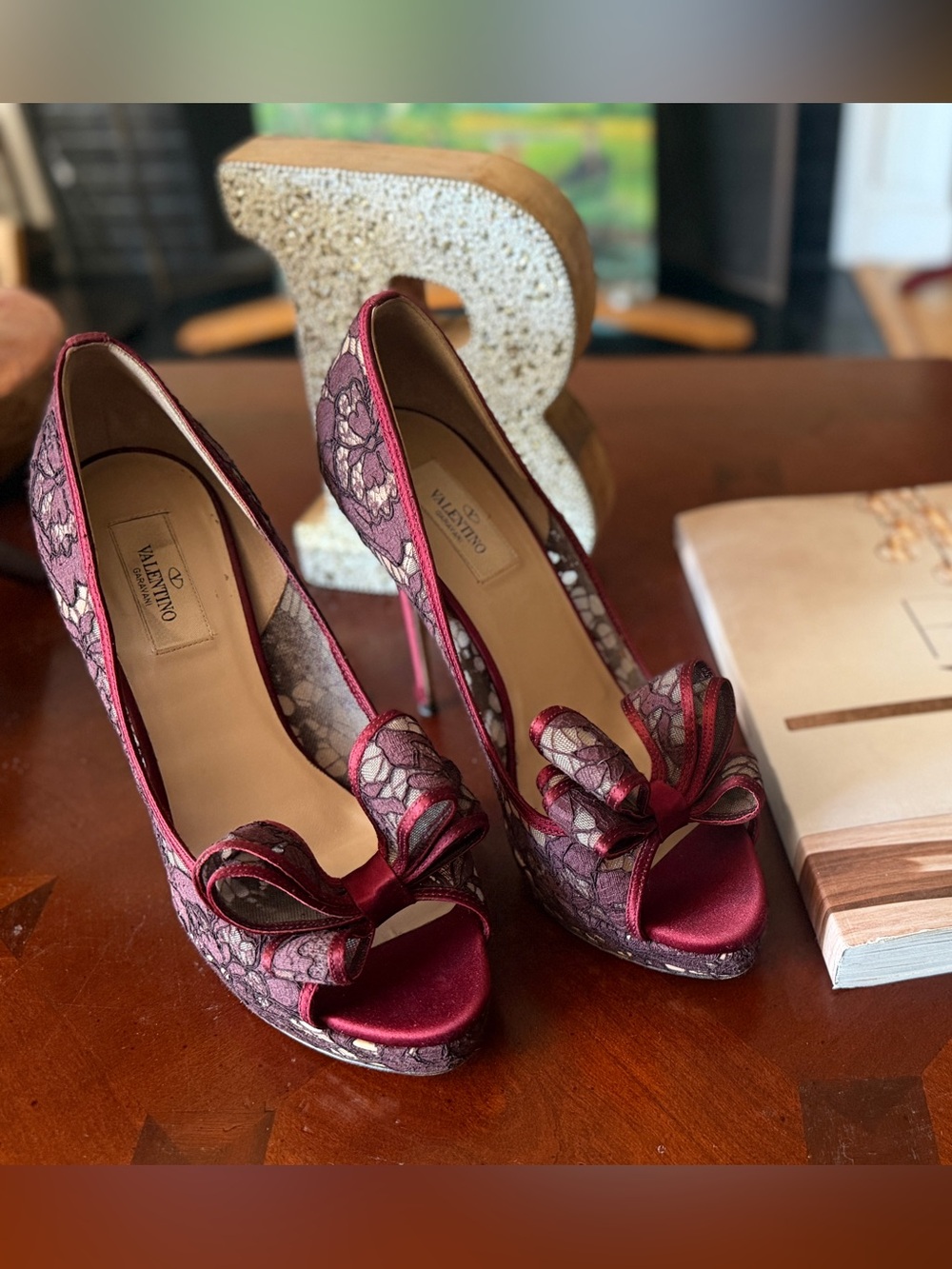 Valentino Garavani Burgundy Lace Bow Peep-Toe Satin Heels Size 40
